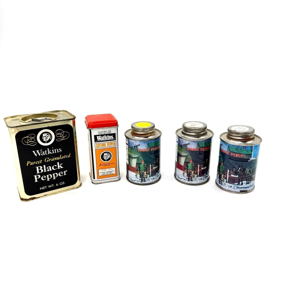 Vintage Watkins Spice Tins & Maple Syrup Cans and‎ Black Pepper Cayenne Lot of 5